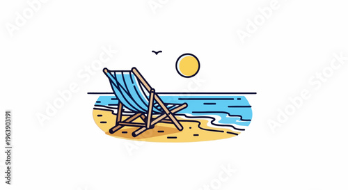 A blue striped beach chair sits on the sand facing the ocean under a yellow sun
