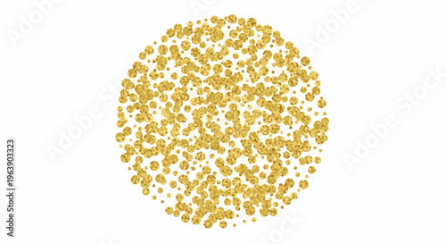 A circular arrangement of numerous small golden metallic dots on a white background