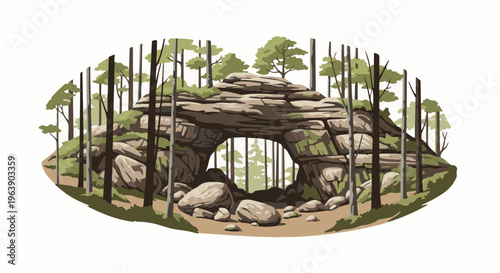 A natural rock archway covered in moss, amidst a forest setting