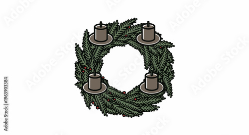 A circular evergreen wreath adorned with four candles and red berries