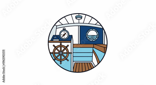 A nautical helm, compass, and porthole inside a circular frame