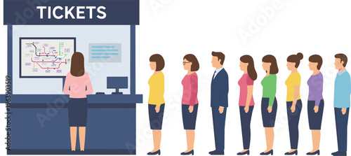 Illustrated ticket counter scene with people waiting in queue, purchasing tickets at booth with transit map and computer monitor inside