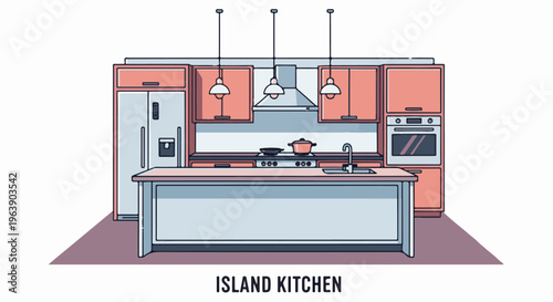 A clean, modern kitchen illustration with an island, stove, sink, fridge, and oven