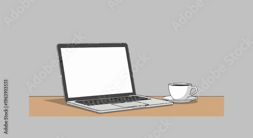 A clean, modern laptop with a blank screen sits next to a steaming cup of coffee