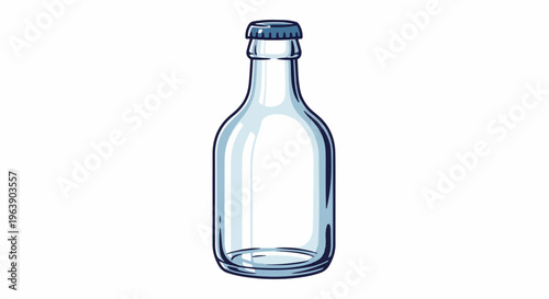 A clear glass bottle with a blue metal cap on a white background