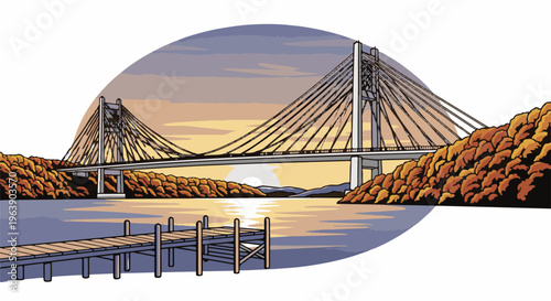 A picturesque suspension bridge spans a calm river at sunset, with autumn foliage