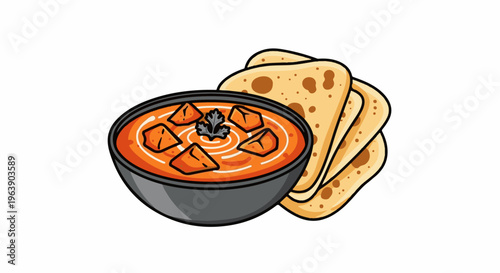 A close up of a delicious Indian curry with flatbread