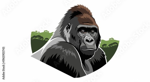 A close-up portrait of a majestic gorilla with a savanna landscape backdrop