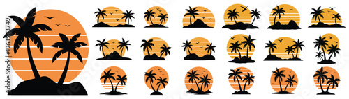 A collection of tropical palm tree silhouettes at sunset isolated on white background, Vector, illustration