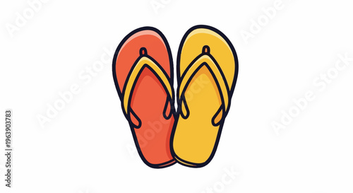 A pair of cartoon flip-flops, one orange and one yellow, on a white background