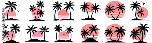 A set of palm trees with pink sunsets isolated on white background, Vector, illustration