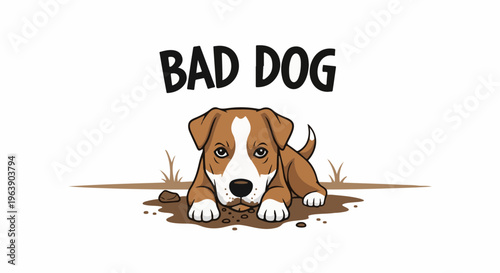 A cartoon dog with brown and white fur lies on the ground