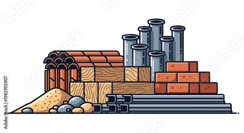 A pile of building materials including wood, bricks, tiles, sand, pipes, and metal