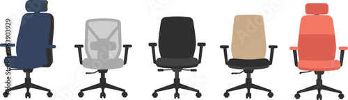 Row of ergonomic office chairs in different colors and designs, showcasing modern workplace seating styles and comfort options