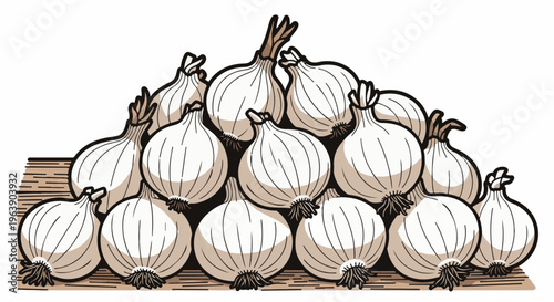 A pile of bulbous vegetables with green tops rests on a wooden surface