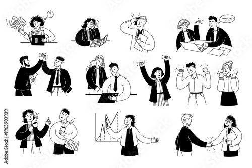 Cute line business people. Office communication and conversation, doodle office workers company employees speaking and having fun, hand drawn business team characters. Vector set