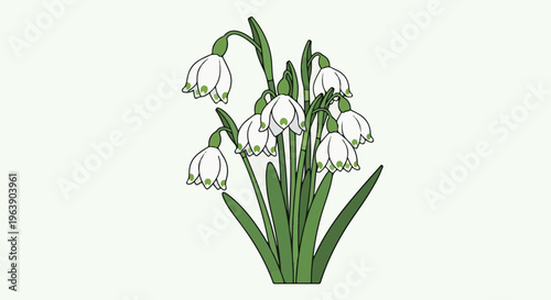 A cluster of delicate white blooming flowers with green tips and lush green leaves