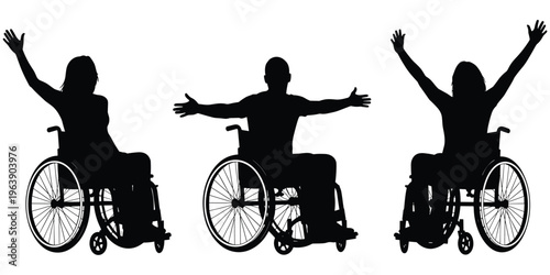 Three wheelchair users silhouette, arms raised celebration, empowerment and inclusivity concept, disability awareness artwork, positive unity design illustration, flat vector illustration