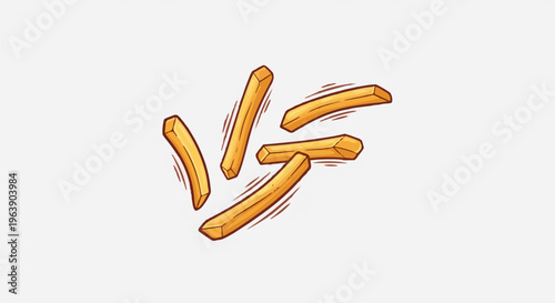 A cluster of five golden french fries are depicted mid-air