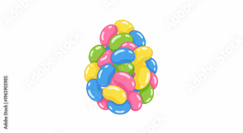 A pile of colorful, oval-shaped candies resembling jelly beans forms an egg shape