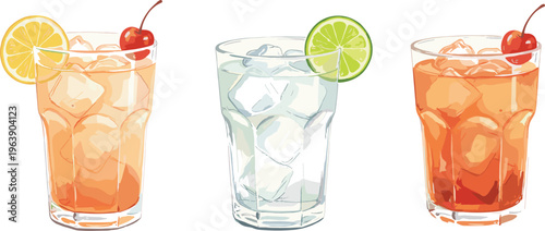 Refreshing collection of colorful drinks in glasses with ice cubes, lemon, lime, and cherry garnishes for summer beverage illustration