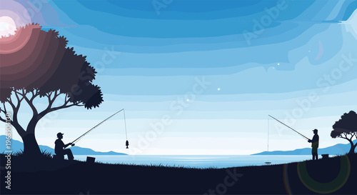 Two people fishing lakeside silhouette, tranquil outdoor nature scene, calm water reflection, leisure recreation activity artwork, peaceful landscape design, flat vector illustration