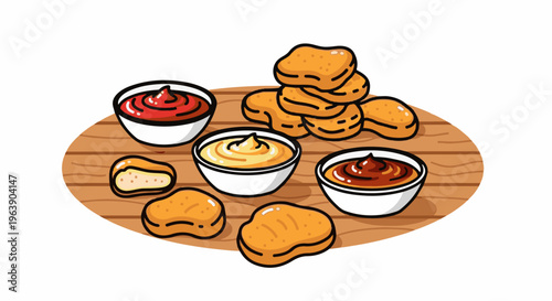 A pile of golden chicken nuggets with dipping sauces on a wooden tray
