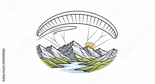 A paraglider canopy arcs over a serene mountain lake and snowy peaks