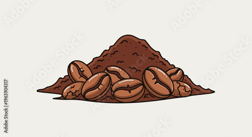 A pile of roasted coffee beans with finely ground coffee