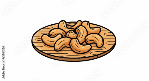 A pile of toasted cashews arranged on a wooden board