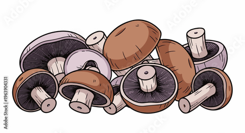 A pile of various types of mushrooms, some sliced open revealing gills