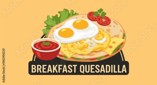A delicious breakfast quesadilla with fried eggs, cheese, salsa, and greens