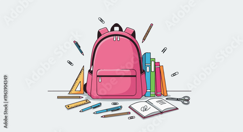 A pink backpack with school supplies like books, pencils, and rulers