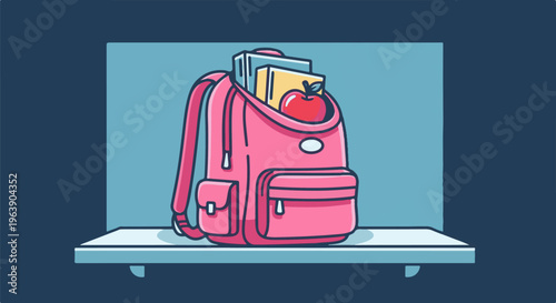 A pink backpack filled with books and a red apple sits on a shelf