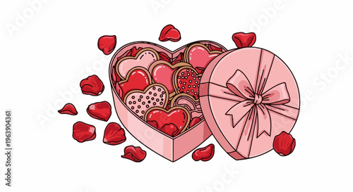 A pink heart-shaped box filled with heart-shaped cookies and scattered rose petals