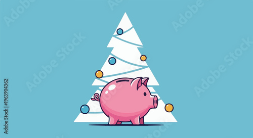 A pink piggy bank stands before a minimalist white Christmas tree decorated with baubles