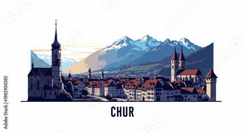 A pixel art cityscape with snow-capped mountains behind it