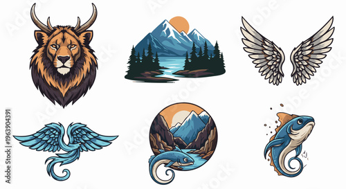 A pixel art collection of stylized mythical creatures and nature scenes
