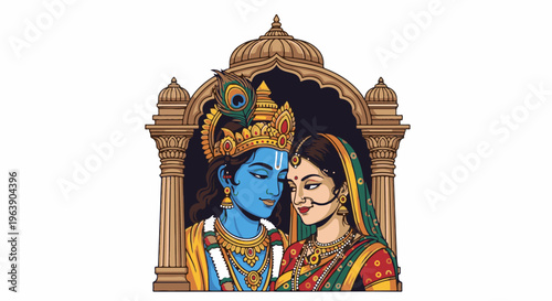 A pixel art depiction of a blue-skinned male deity with a peacock feather and a adorned female