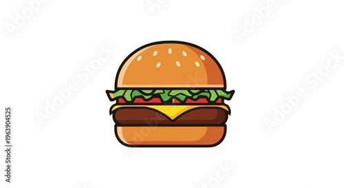 A cartoon hamburger with a bun, lettuce, tomato, cheese, and patty