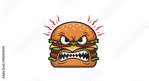 A cartoon hamburger with an angry face, radiating heat from its head