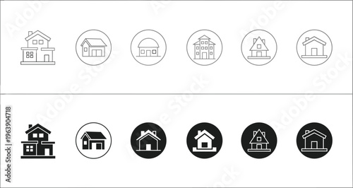 Real estate house icon set including various home styles for property marketing and building design.