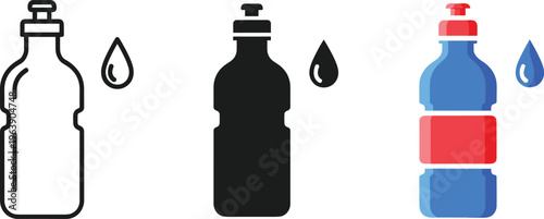 Reusable water bottle icons with liquid droplet representing hydration health fitness and wellness.