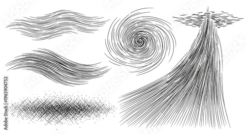 Hand Drawn Sketch Elements Set of Wind Motion and Weather Effects