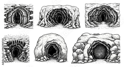Set of Hand Drawn Cave Entrances and Grotto Illustrations