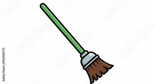A cartoon illustration of a cleaning broom with a green handle and brown bristles