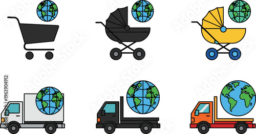 Global delivery transport icons shopping cart baby stroller trucks with planet earth symbolizing worldwide shipping services.