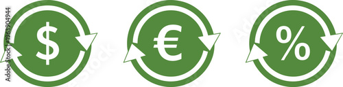 Green circular arrows with currency symbols dollar euro and percent showing exchange rates or conversion isolated on transparent.
