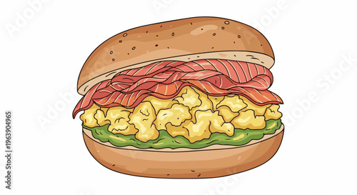 A delicious sandwich overflowing with scrambled eggs, bacon and green filling
