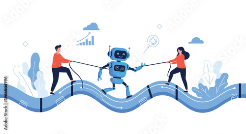 Two human colleagues working together to lead blue walking robot along wavy path illustrating AI collaboration.